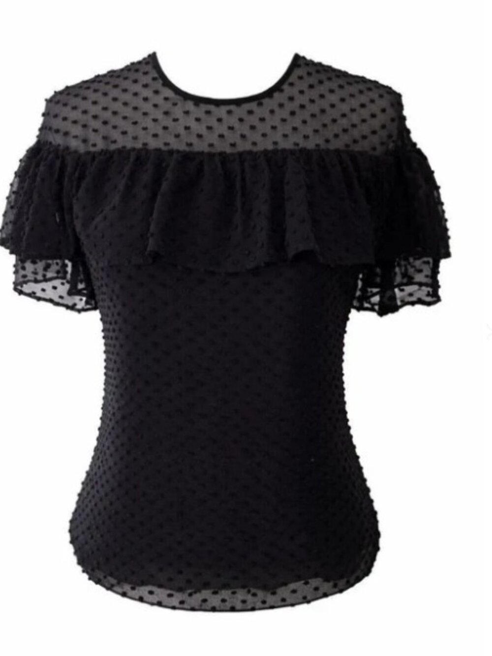 J Crew Black Swiss Dot Silk Short Sleeve Blouse Ruffled Sz 10 Whimsigoth Dainty
